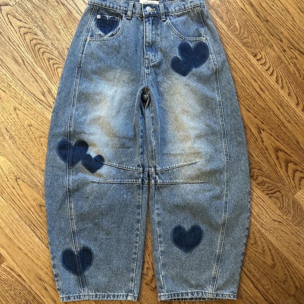 NEW! LOV MOR BARREL Y2K High Rise Slouchy Ankle Cropped Denim Heart Jeans S BOHO